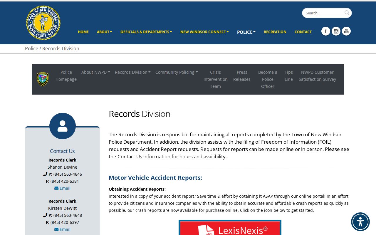 New Windsor resident lookup Police Records Division request access
